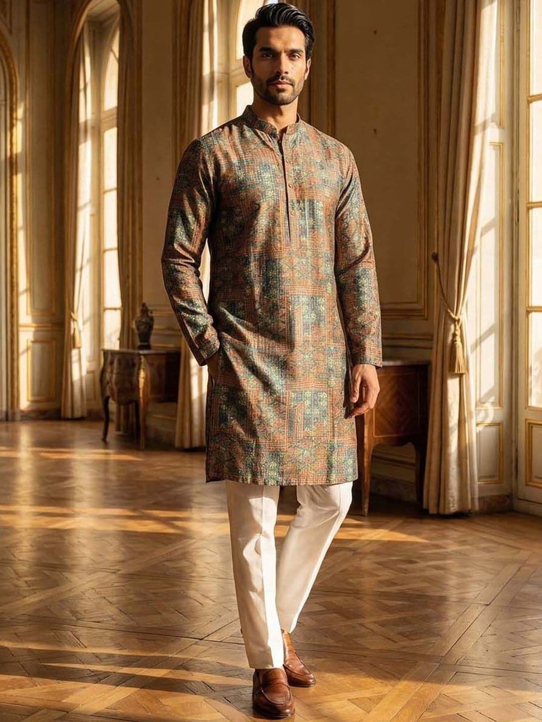 House of Pataudi Motifs Printed Mandarin Collar Knee Length Straight Kurta - view 1