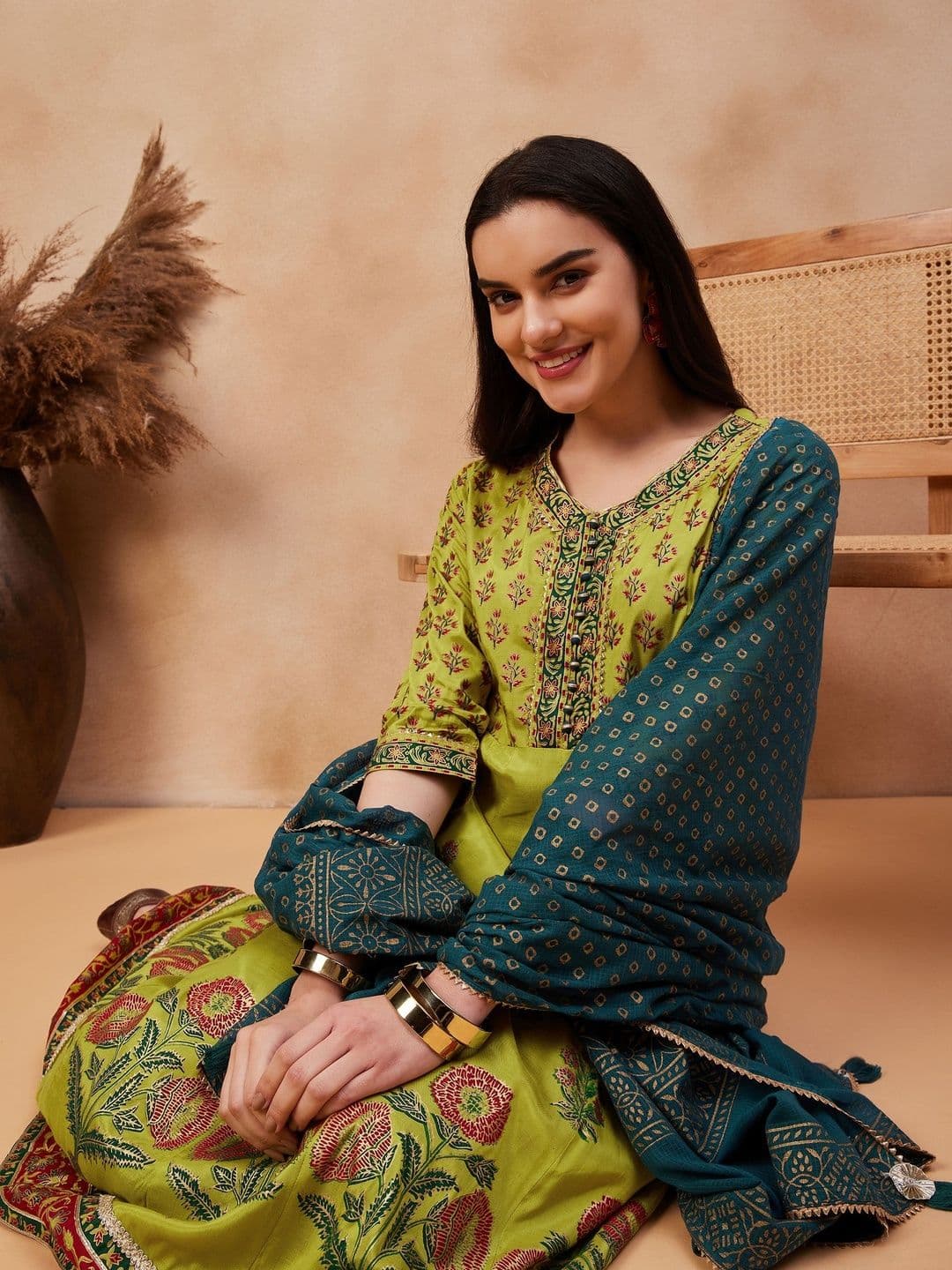 Sangria Printed Round Neck Kurta & Palazzos With Dupatta - view 1
