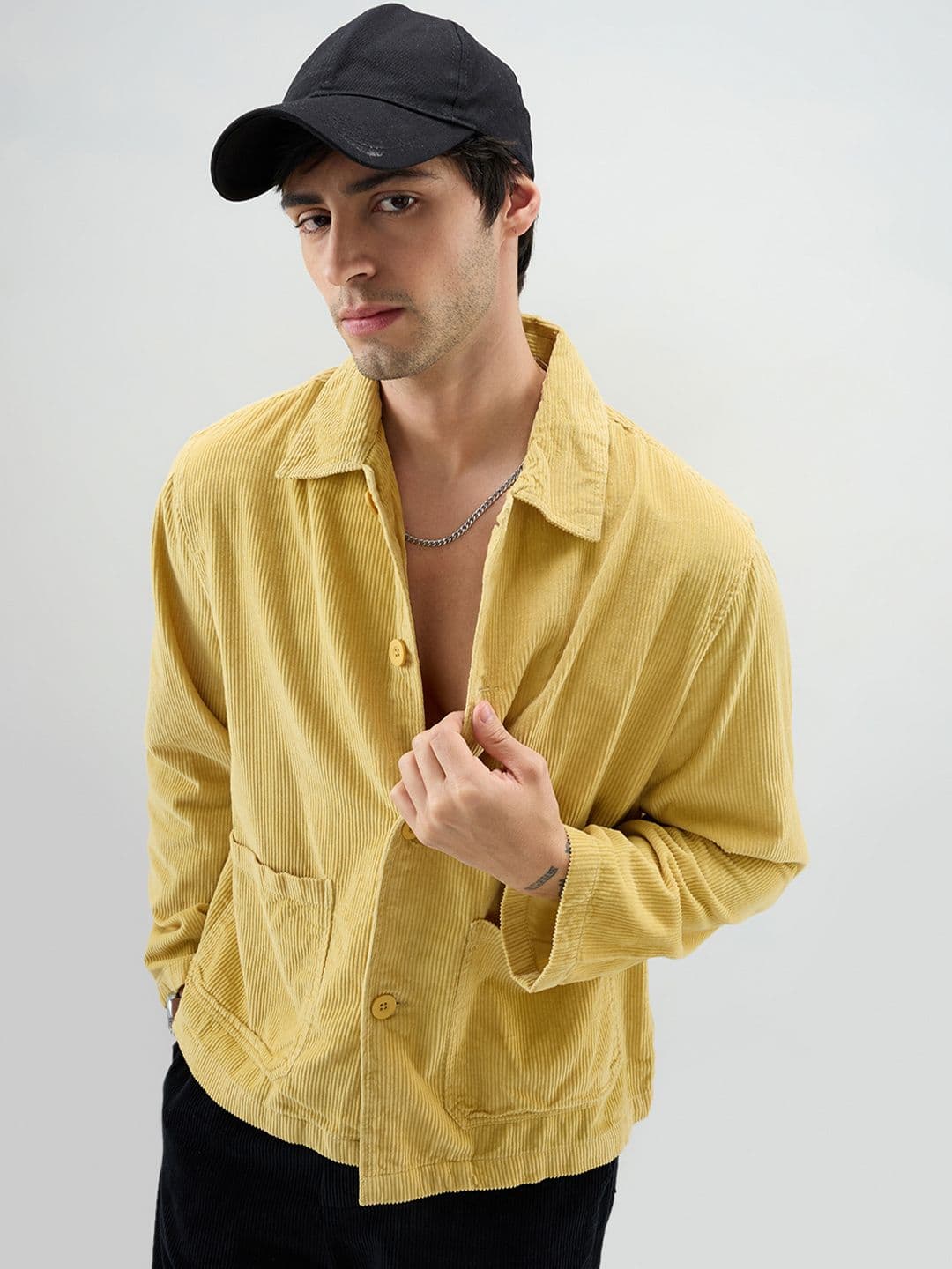 VASTRADO Sunmelt Mustard Corduroy Oversized Double Pocket Crop Shacket - view 1