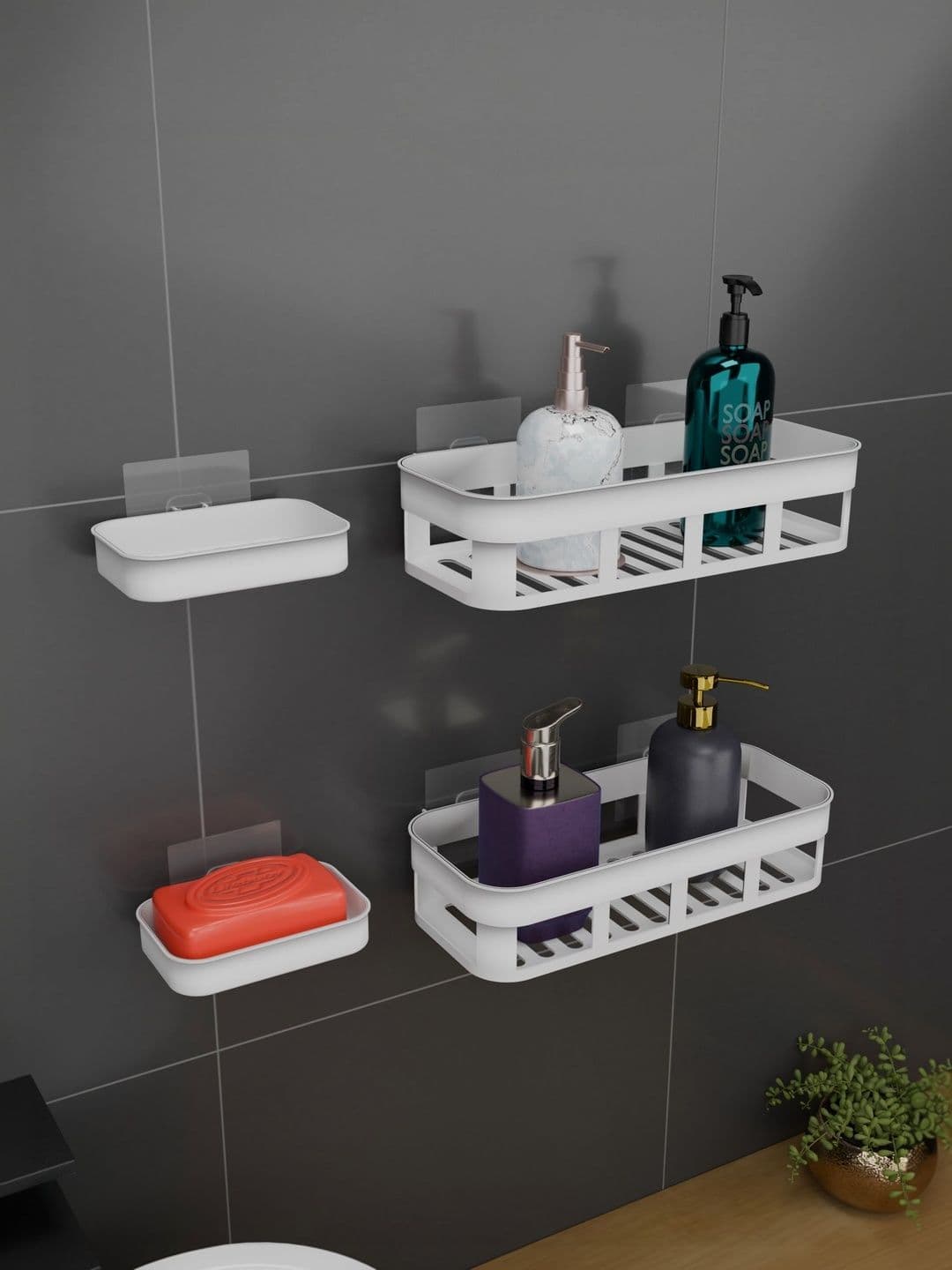 BESTZONE RETAIL MALL White 4 piece Solid No Drill Wall Mounted Plastic Bathroom Caddy - view 1