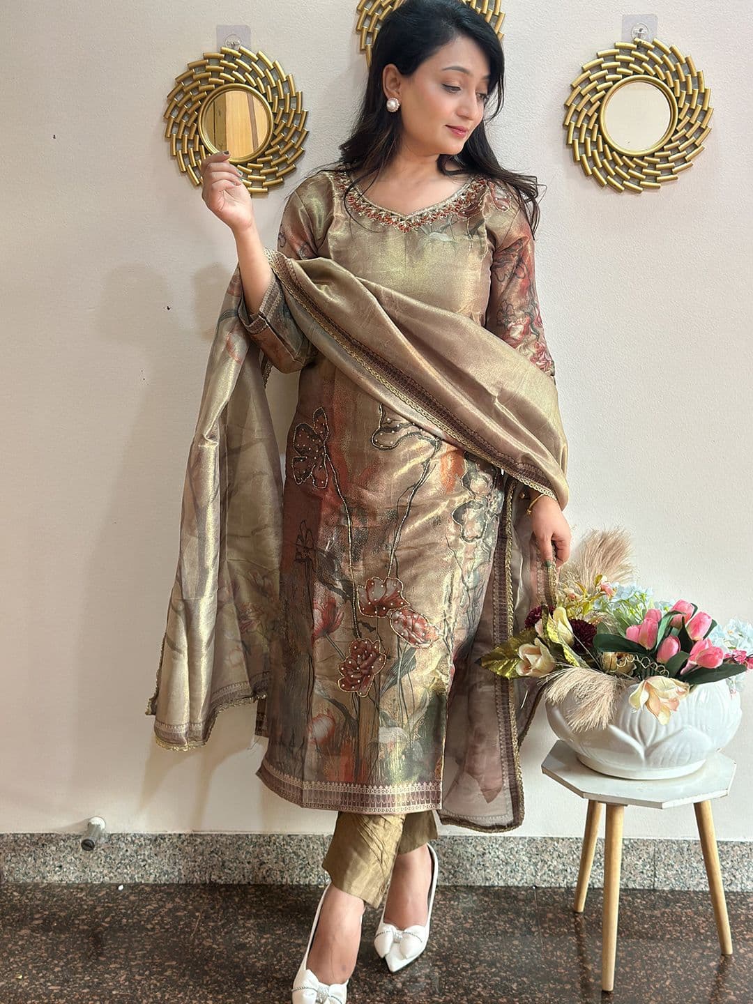 NIRYA Women Embroidered Regular Chanderi Silk Kurta with Palazzos & With Dupatta - view 1