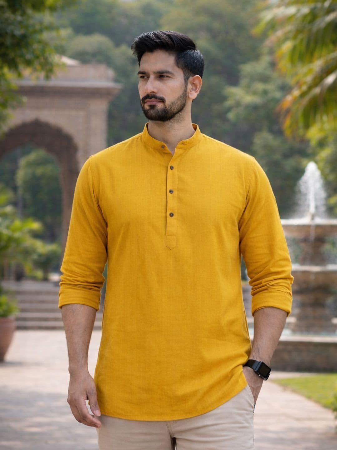 LADSLOOM Men Mustard Solid Cotton Kurtas - view 1