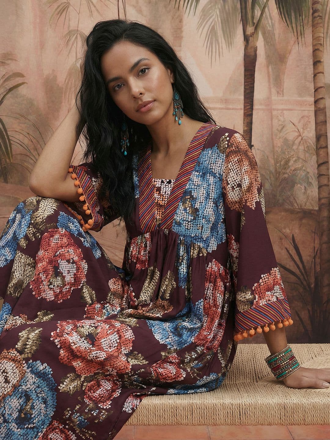 Sangria Floral Printed A-Line Kurta - view 1