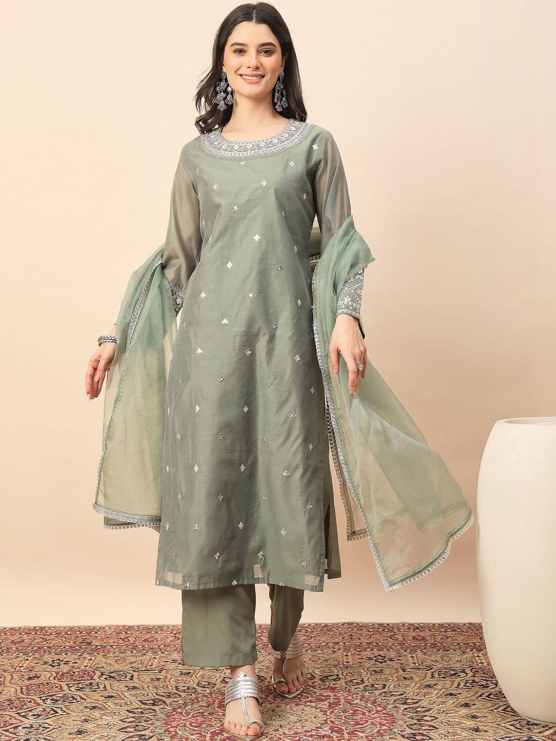 House of Pataudi Embroidered Round Neck Kurta & Trousers With Dupatta - view 1