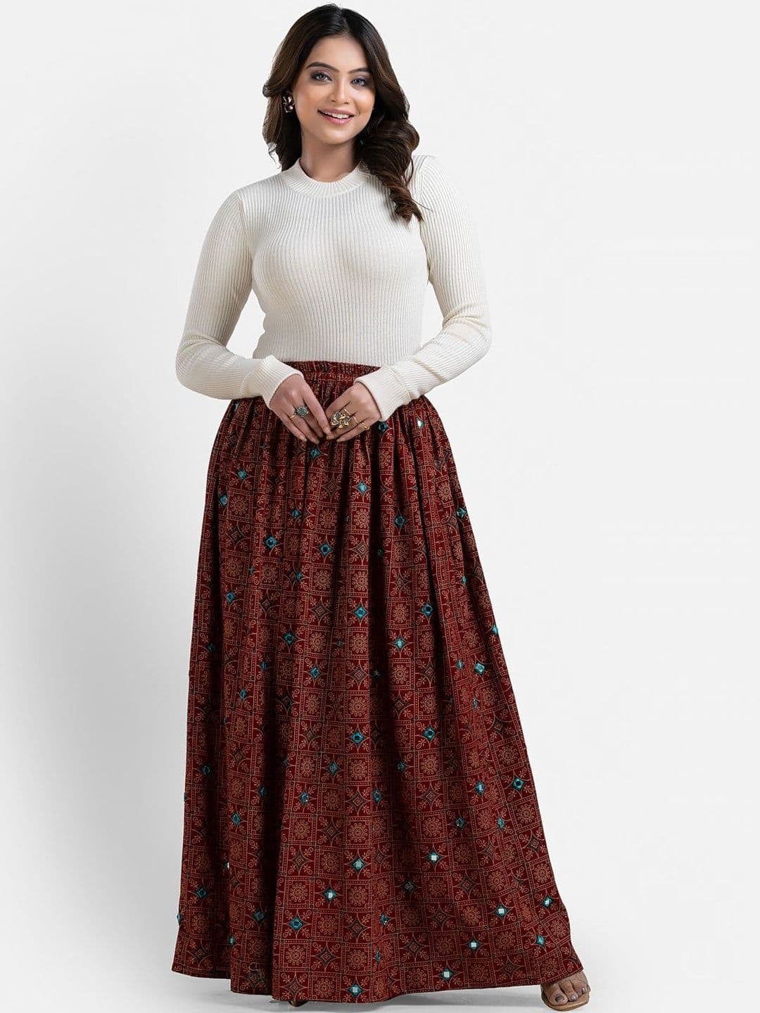 Crazy Needle Women Pure Cotton Blend Self Design Maxi A-Line Skirt - view 1