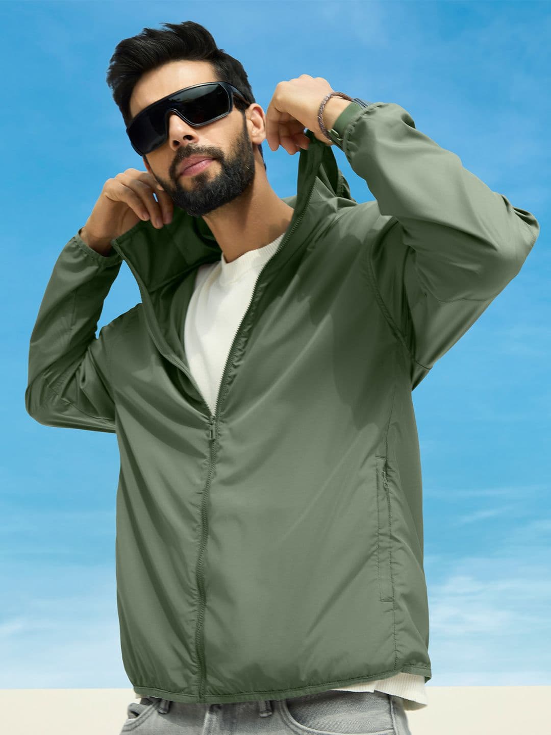 XYXX Men's Solid Ozone Uv Protection Polyester Quick Dry Sage Green Hooded Parka Jacket