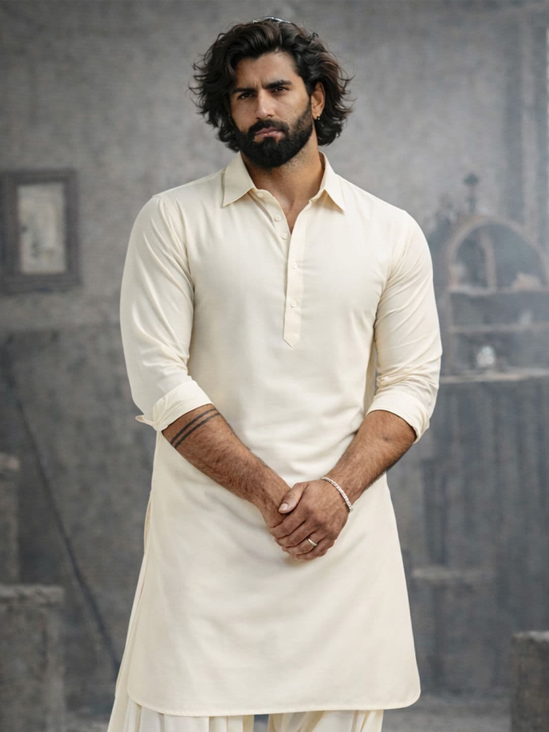 VASTRAMAY Men Satin Blend Pathani Kurta - view 1
