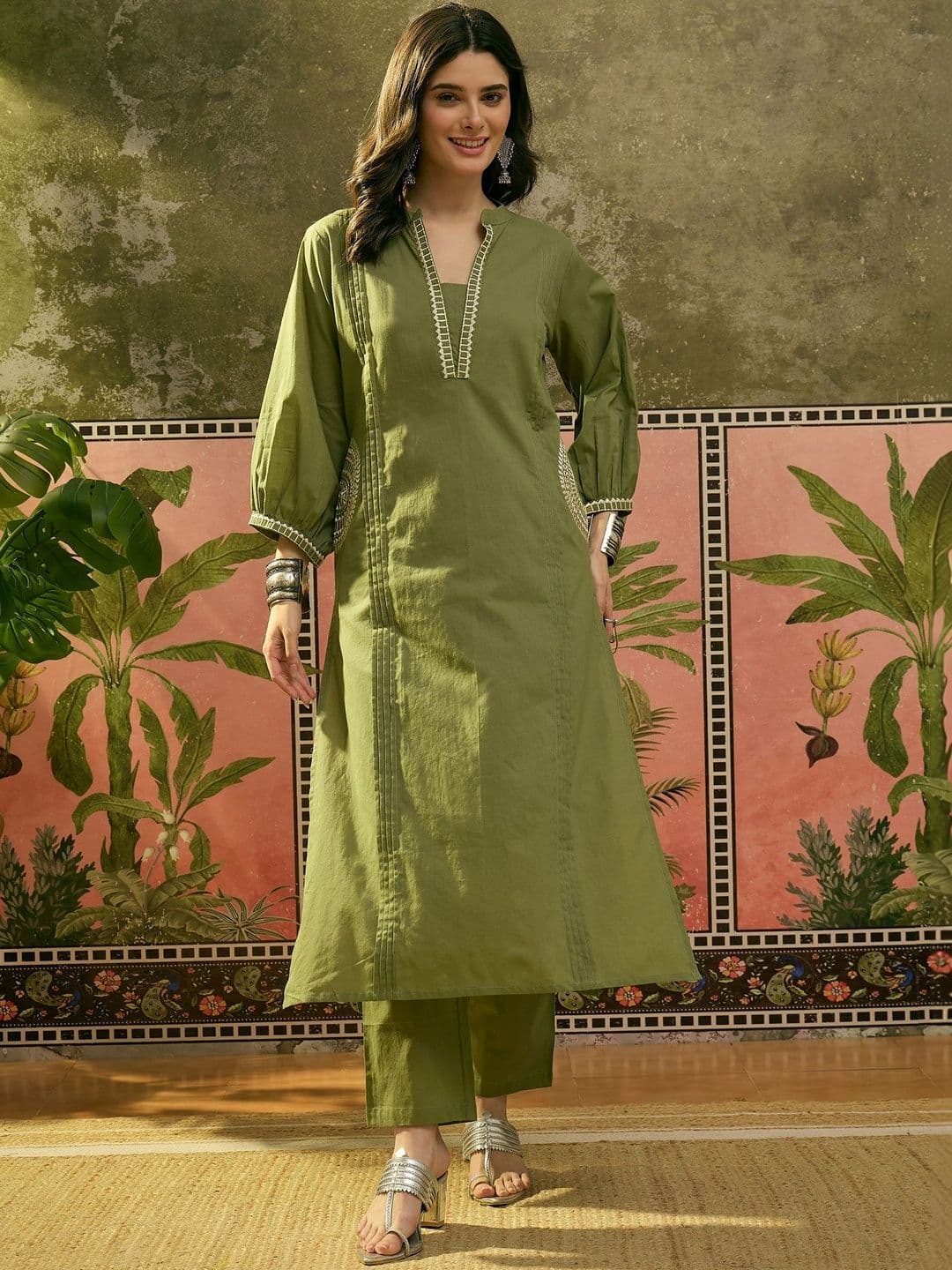 Sangria Embroidered Cotton Mandarin Collar Kurta & Trousers - view 1