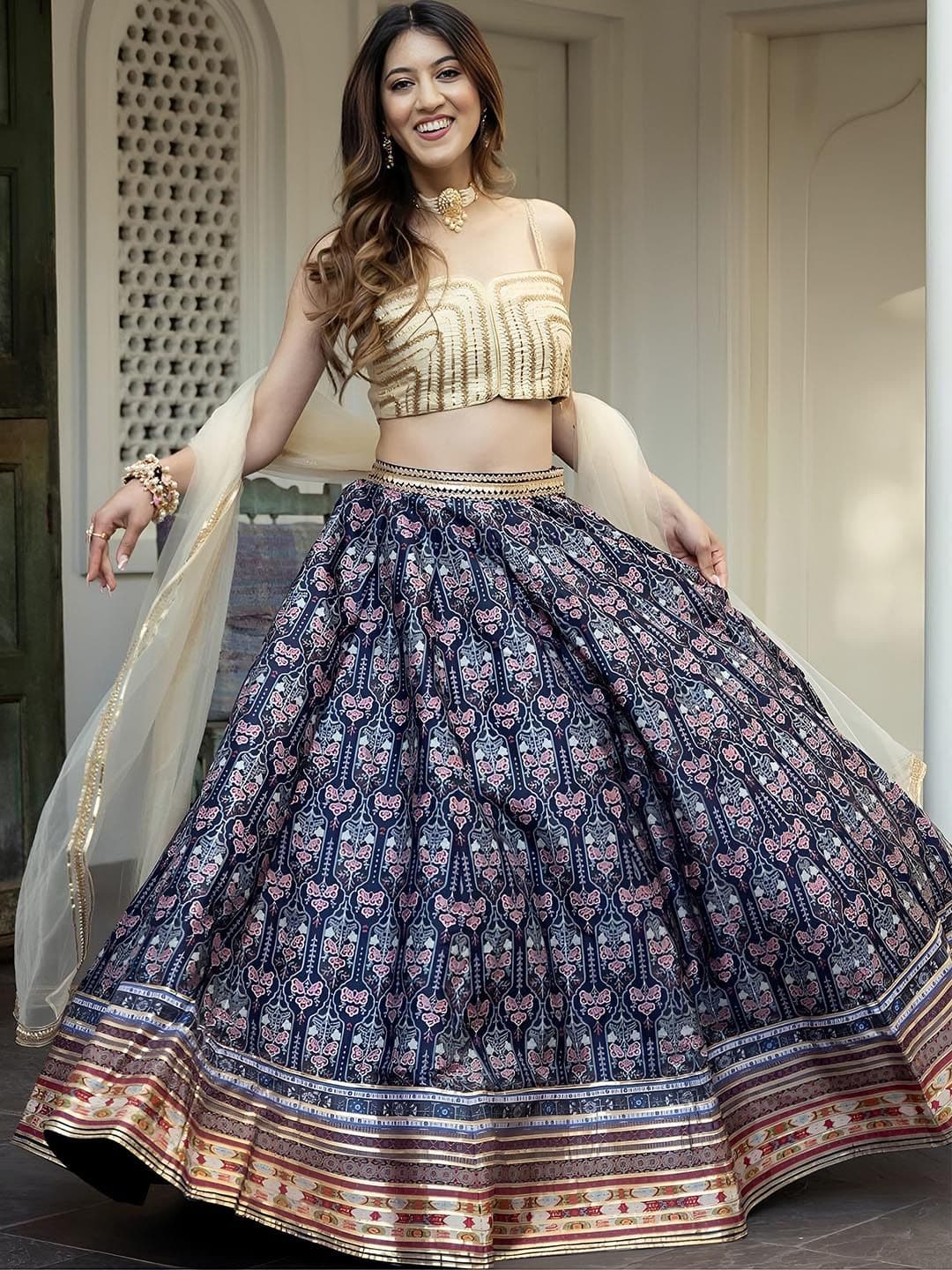 ETHNIC PLUS Gotta Patti Digital Print Sequinned Embroidered Silk Lehenga Choli With Dupatta - view 1