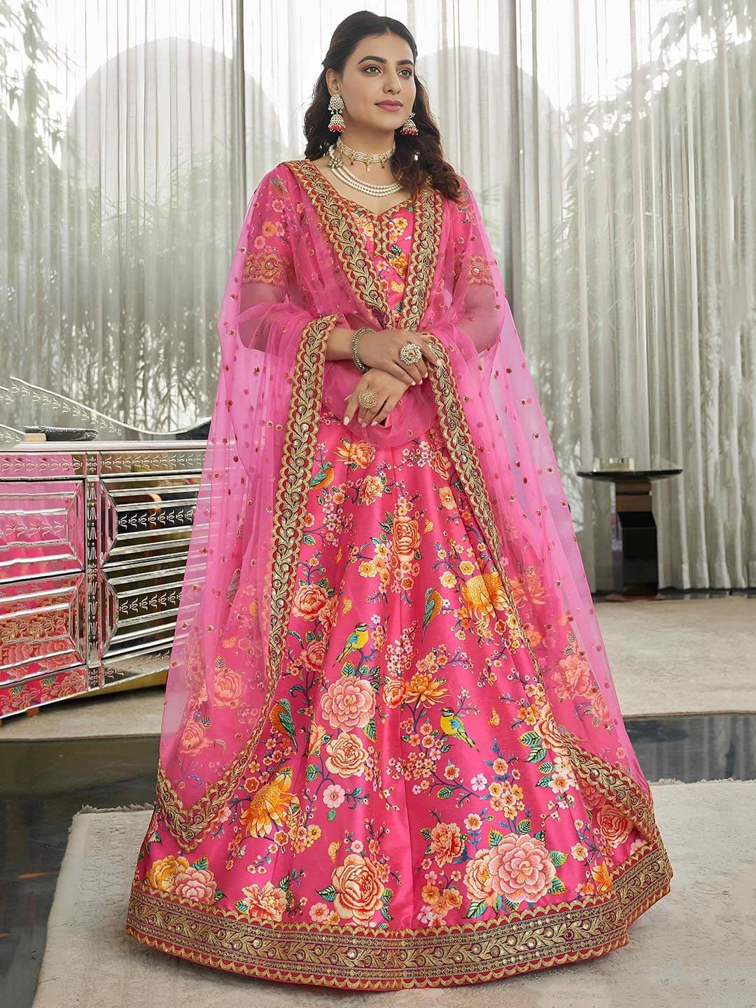 ETHNIC PLUS Sequinned Digital Print Embroidered Silk Lehenga Choli With Dupatta - view 1