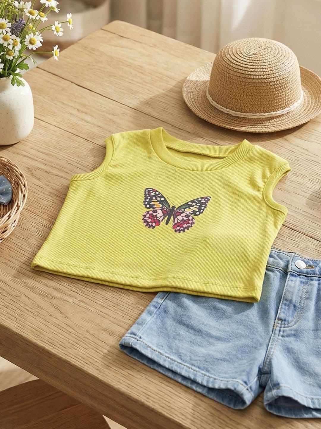 TRUFFLES Girls Lime Green Butterfly Graphic Print Ribbed Crop Tops - view 1
