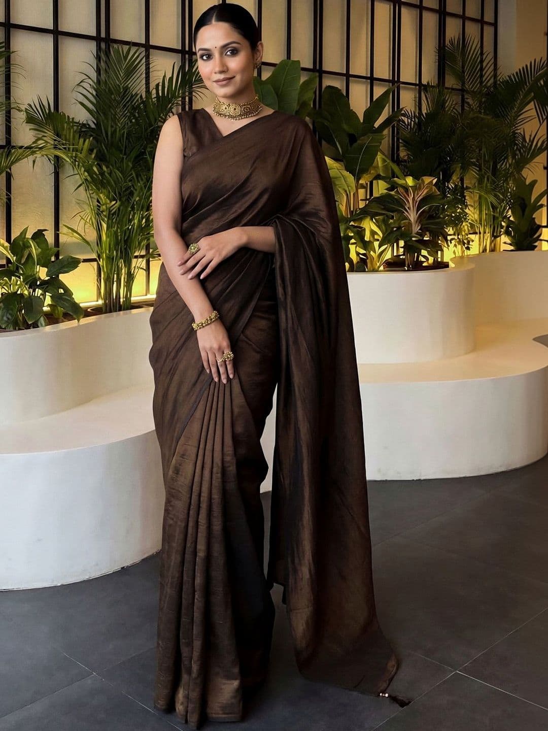 all about you Coffee Brown Vichitra Silk Ethnic Solid Saree with Matching Blouse - view 1