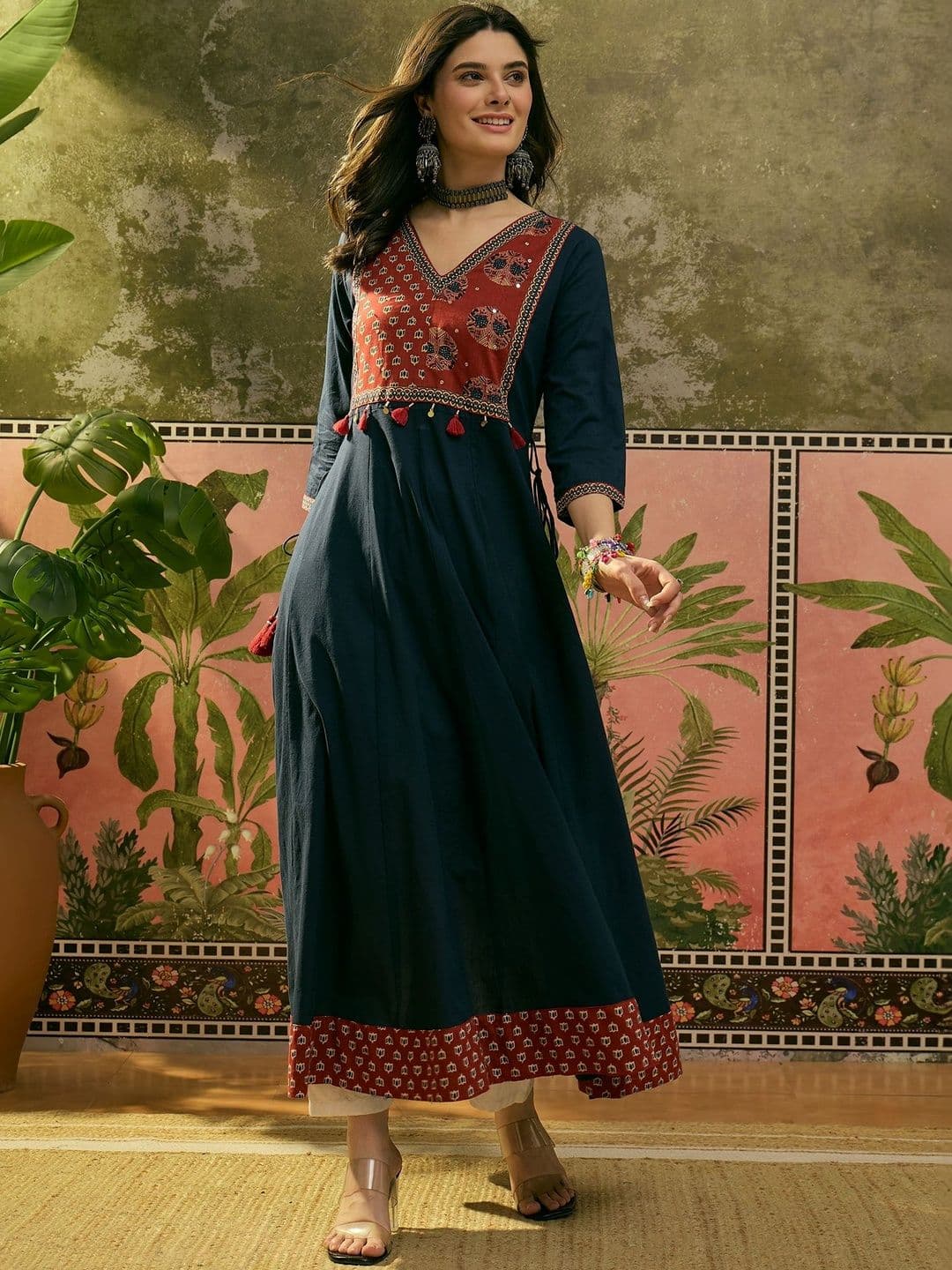 Sangria Printed with Mirror Work Cotton V-Neck Ankle Length Anarkali Kurta - view 1