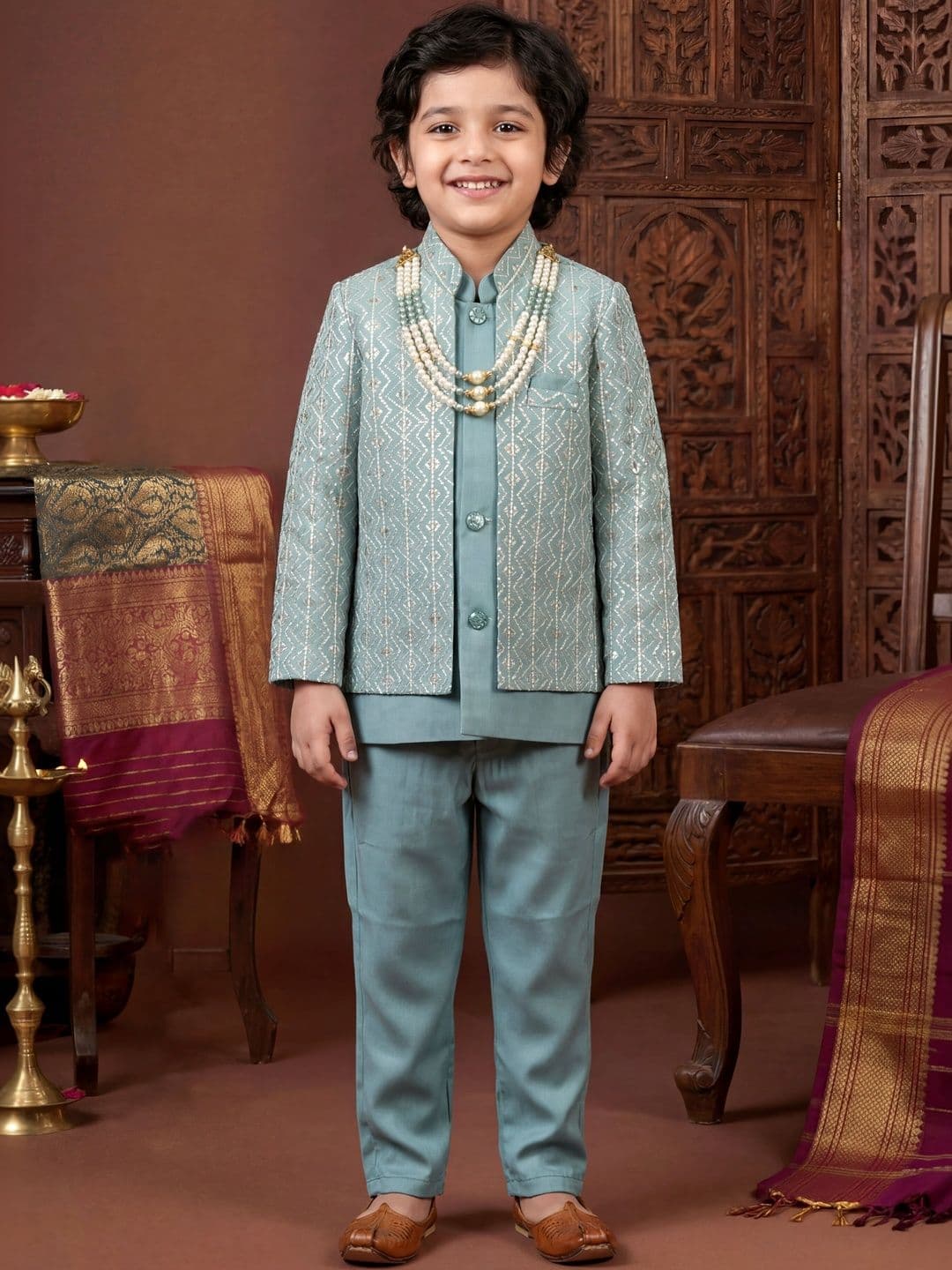 Sangria Boys Chevron Sequined Satin Mandarin Collar Sherwani Set with Jacket & Necklace - view 1