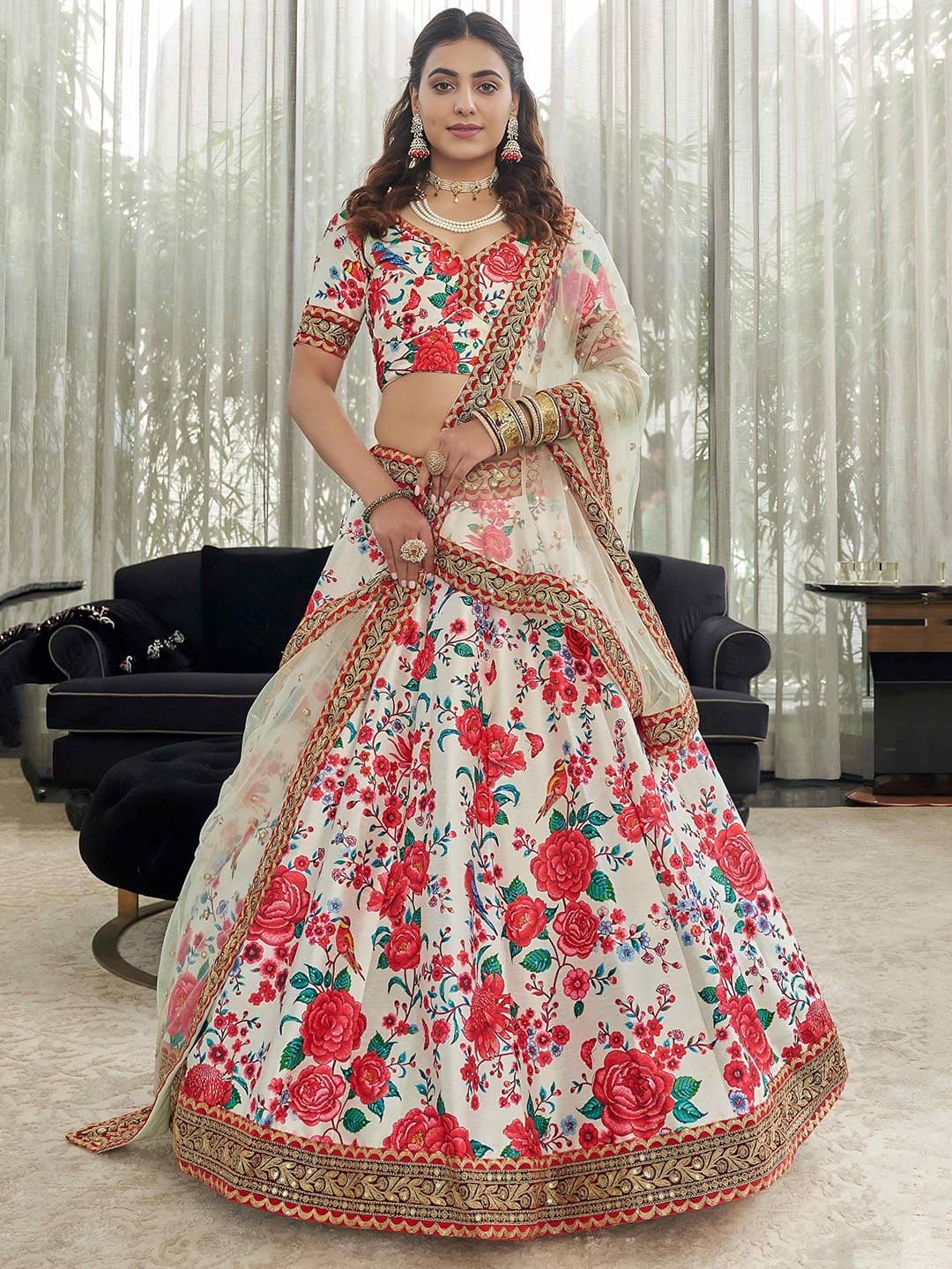 ETHNIC PLUS Sequinned Digital Print Printed Silk Lehenga Choli With Dupatta - view 1