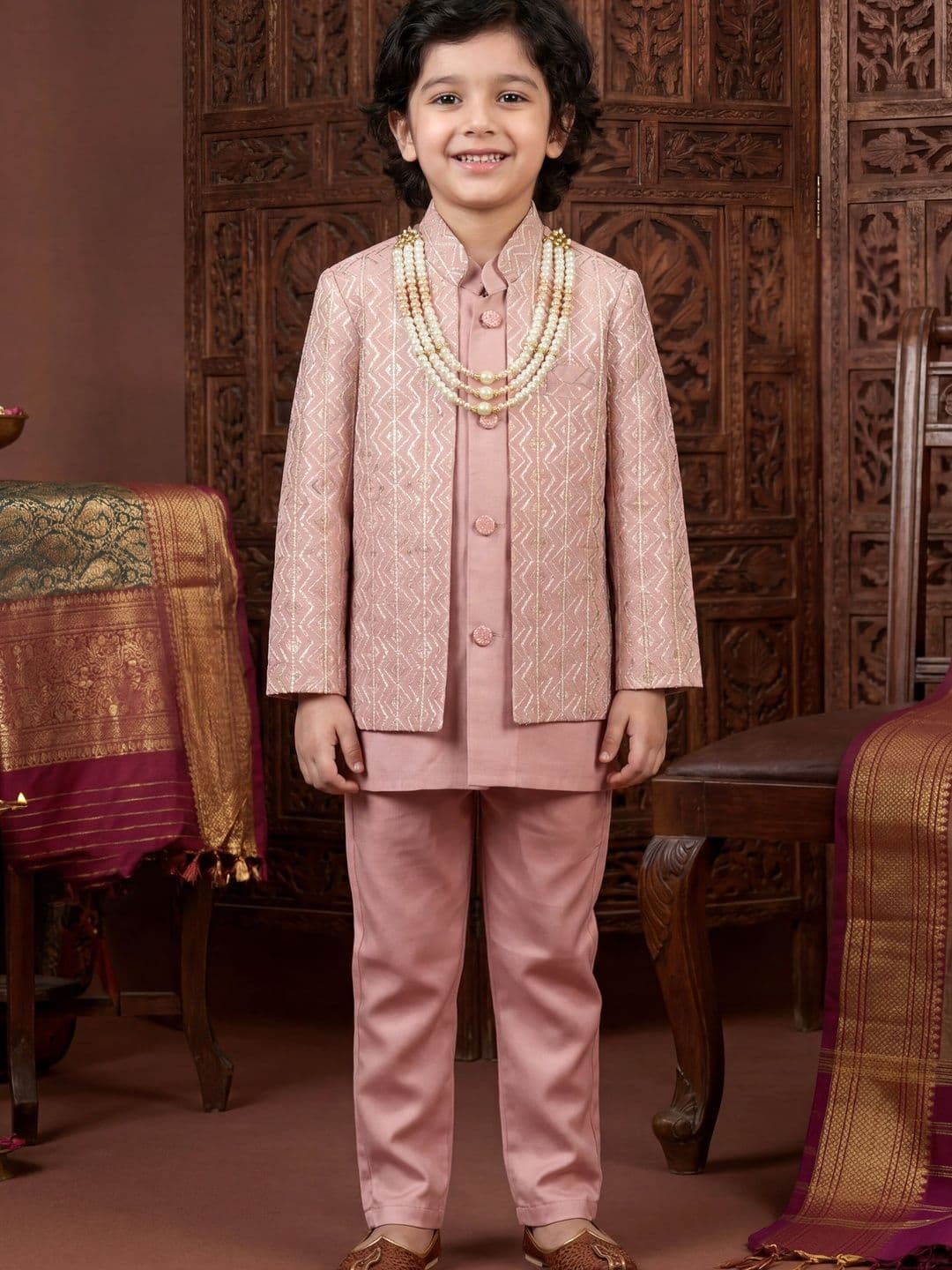 Sangria Boys Chevron Sequined Satin Mandarin Collar Sherwani Set with Jacket & Necklace - view 1