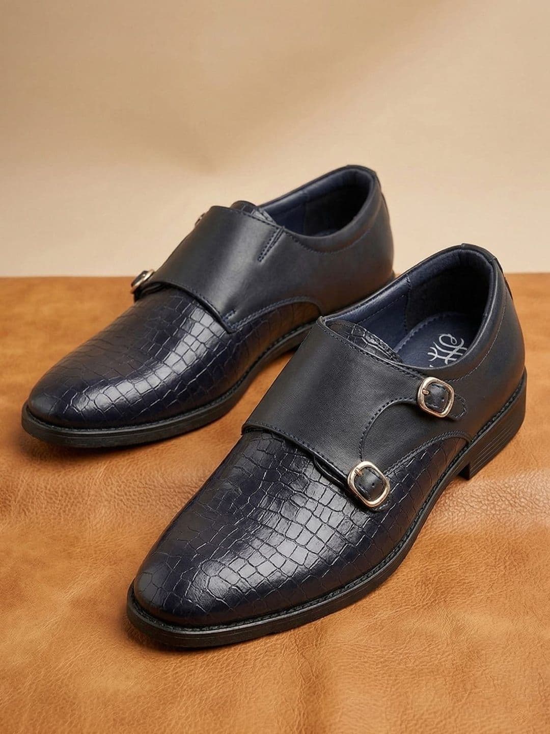 House of Pataudi Men Textured Round Toe Slip-On Monk Formal Shoes - view 1