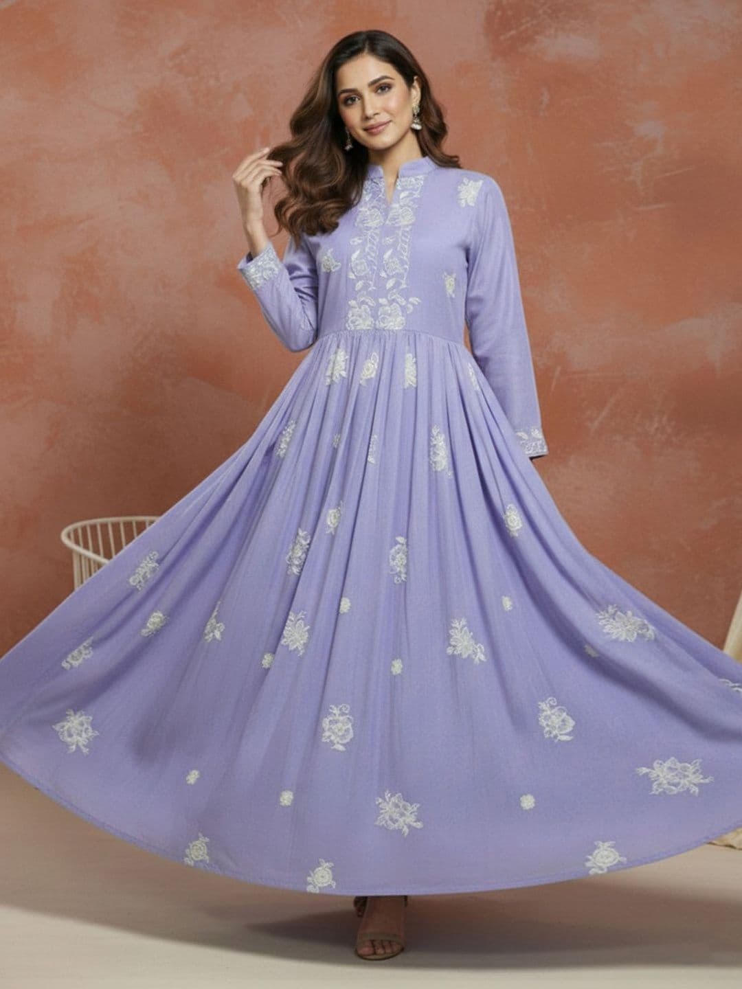 Sangria Embroidered Mandarin Collar Fit and Flare Ethnic Dresses - view 1