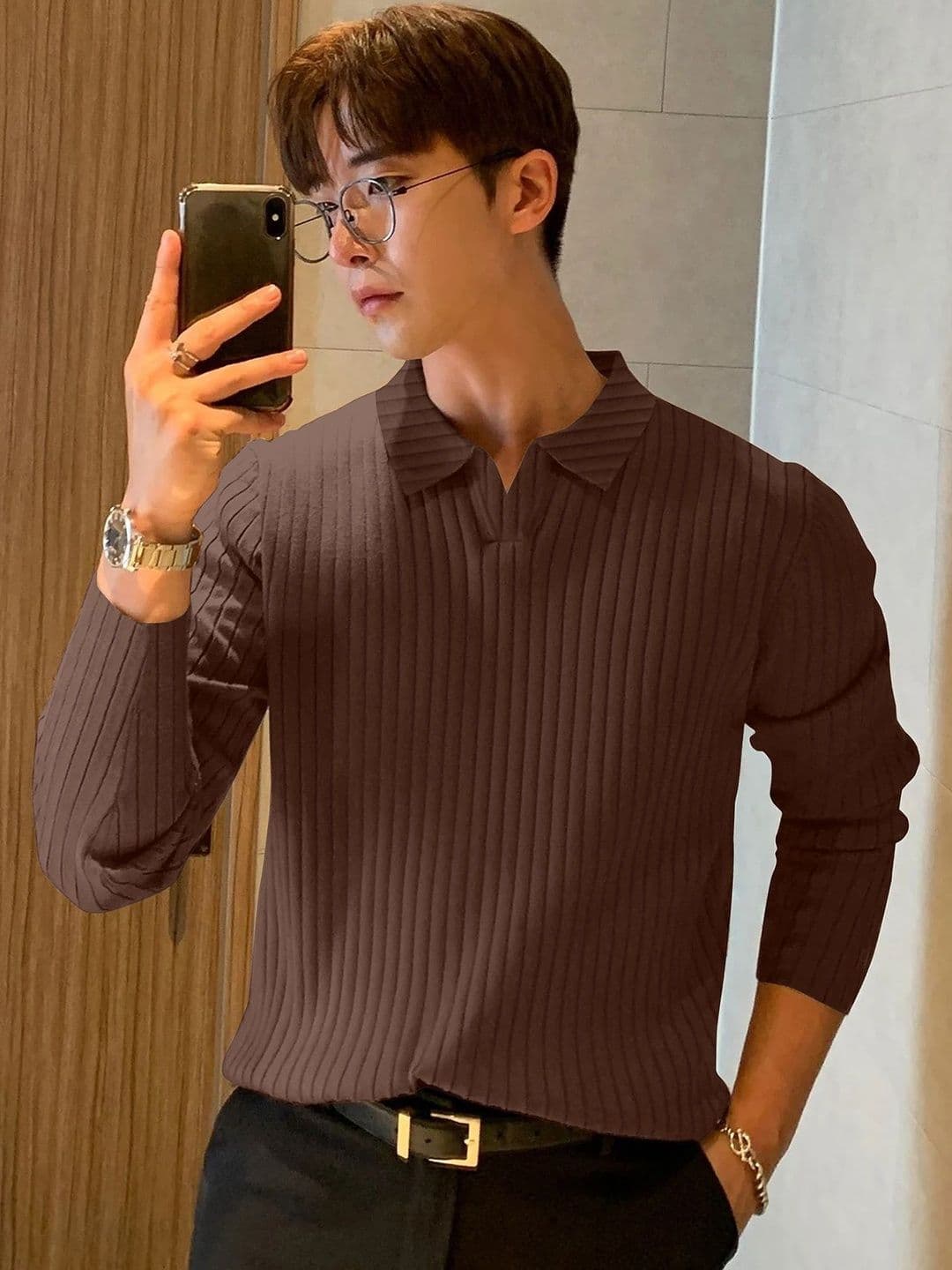 MODALEN Men Textured Polo V Neck Collar Tshirts - view 1
