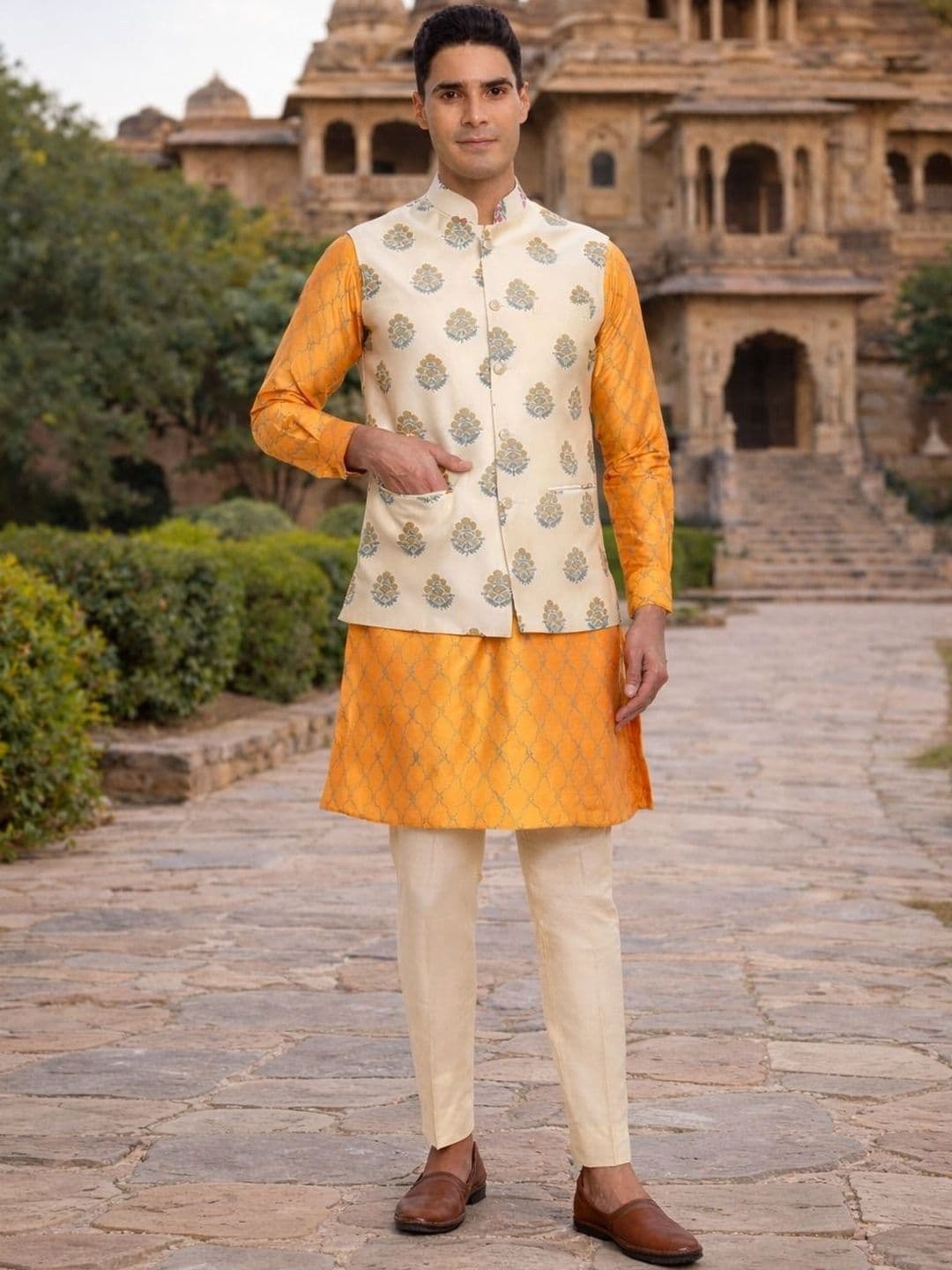Niharika Pandey Men Floral Printed Nehru Jacket - view 1