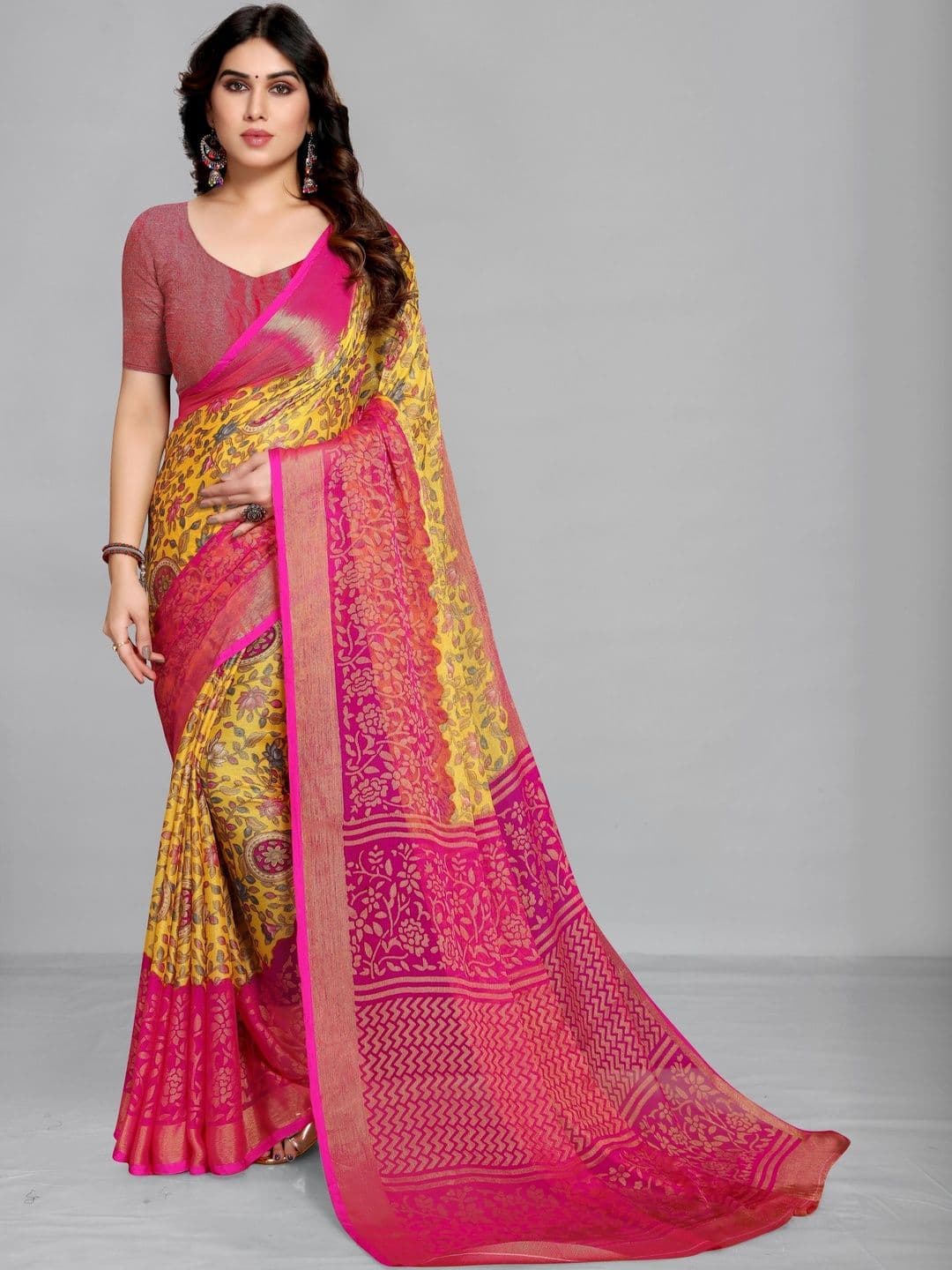 Sangria Printed Saree with Zari Border & Unstitched Blouse - view 1