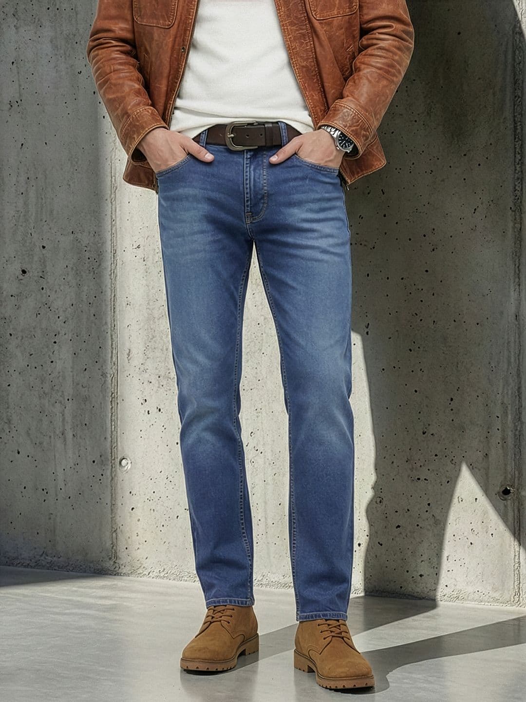 The Roadster Life Co. Men Straight Fit Mid-Rise Light Fade Stretchable Jeans With Bag - view 1