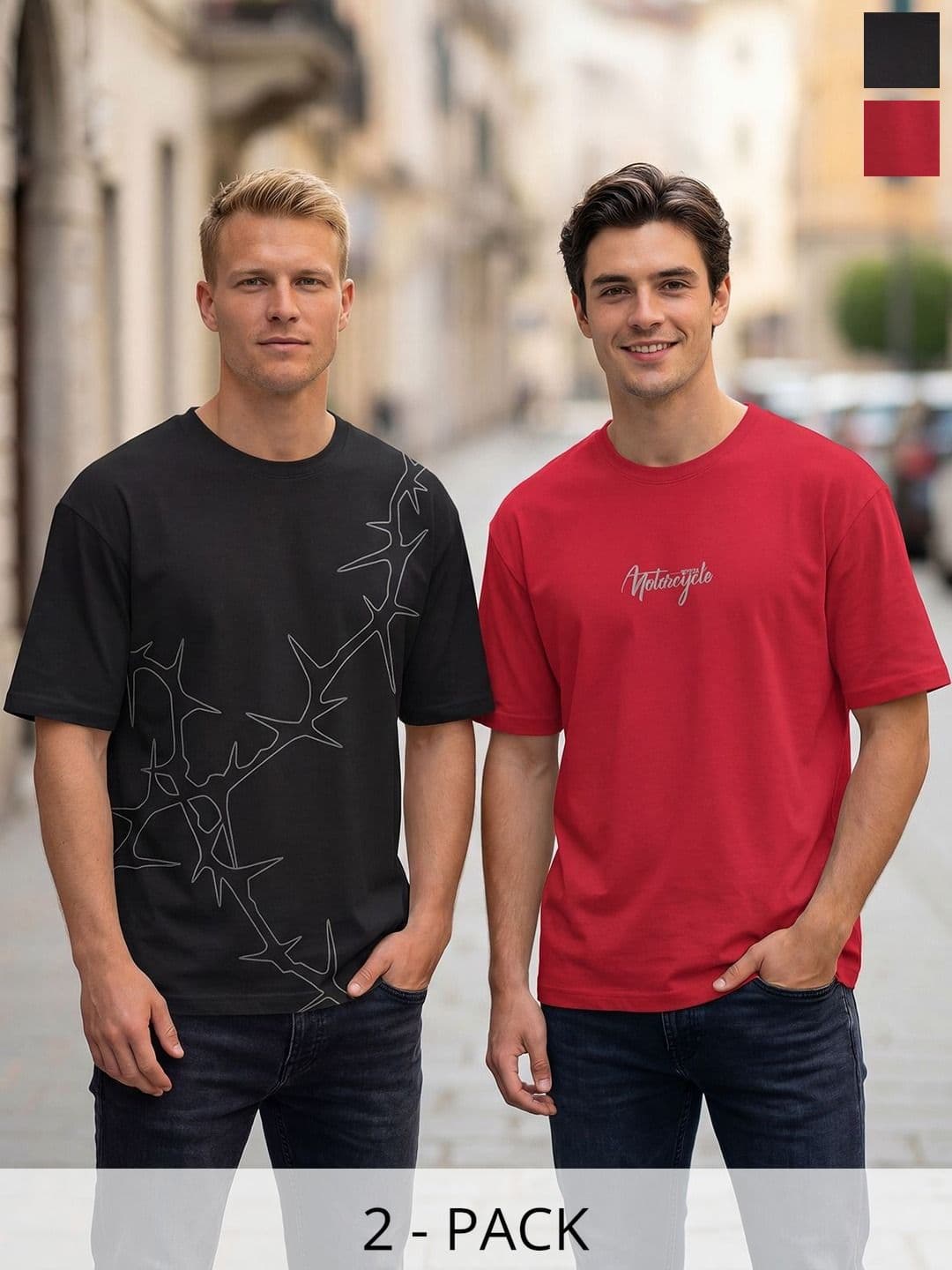 BULLMER Pack Of 2 Typography Printed Drop-Shoulder Sleeves Oversized T-shirts - view 1