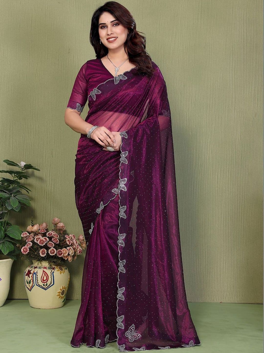 ANAND SAREES Embellished Sequinned Net Heavy Work Saree - view 1