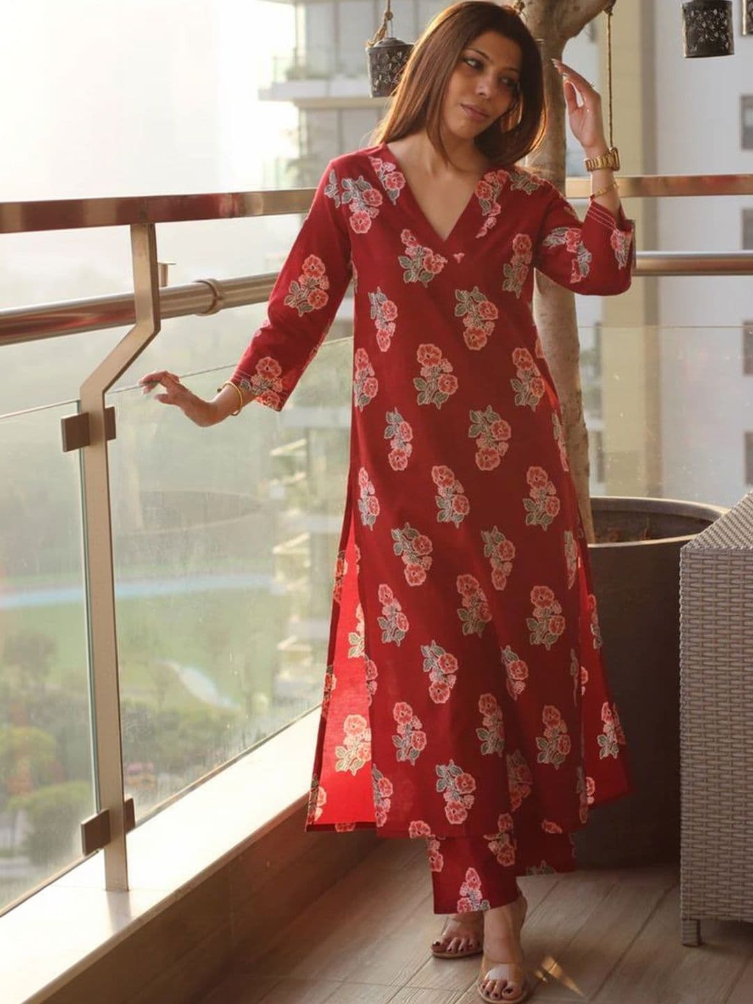 MYRIE Floral Printed V-Neck Pure Cotton Kurta With Trousers - view 1