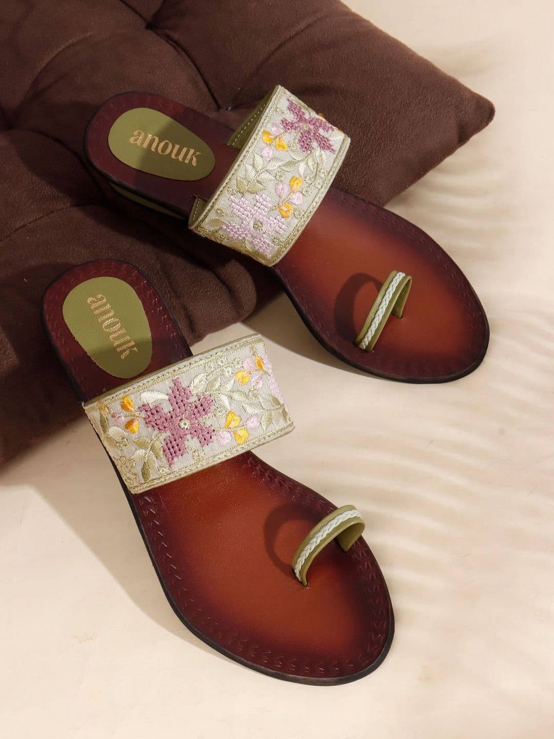 Anouk Stone & Embroiedered Flowers Leather Block Sandals - view 1