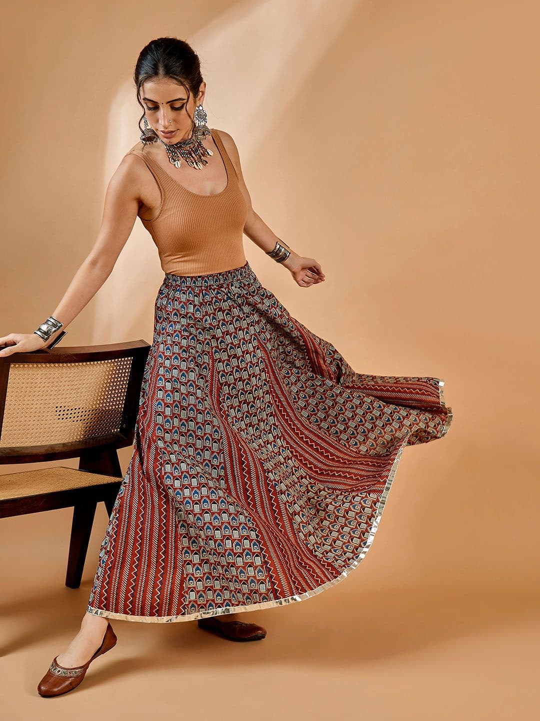 WineRed Printed Pure Cotton Flared Maxi Skirt - view 1