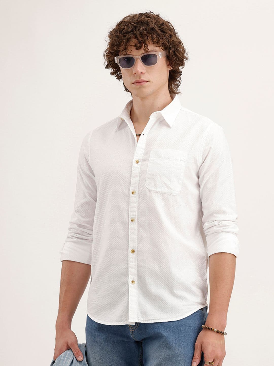 WROGN Cotton Linen Self Design Textured Slim Fit Opaque Casual Shirt - view 1