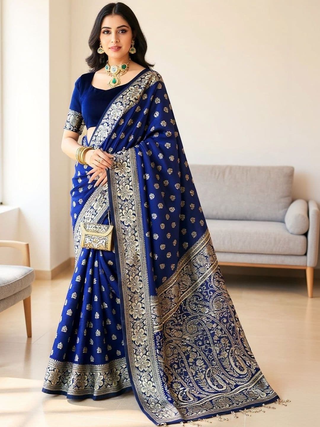 SZN Ethnic Motifs Zari Silk Blend Heavy Work Banarasi Saree - view 1