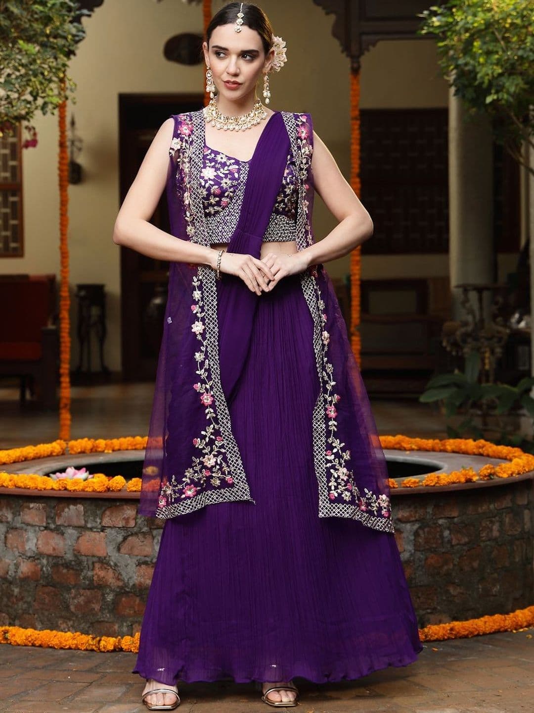 Sangria Purple Printed Embroidered Georgette Draped Lehenga Choli Shrug - view 1