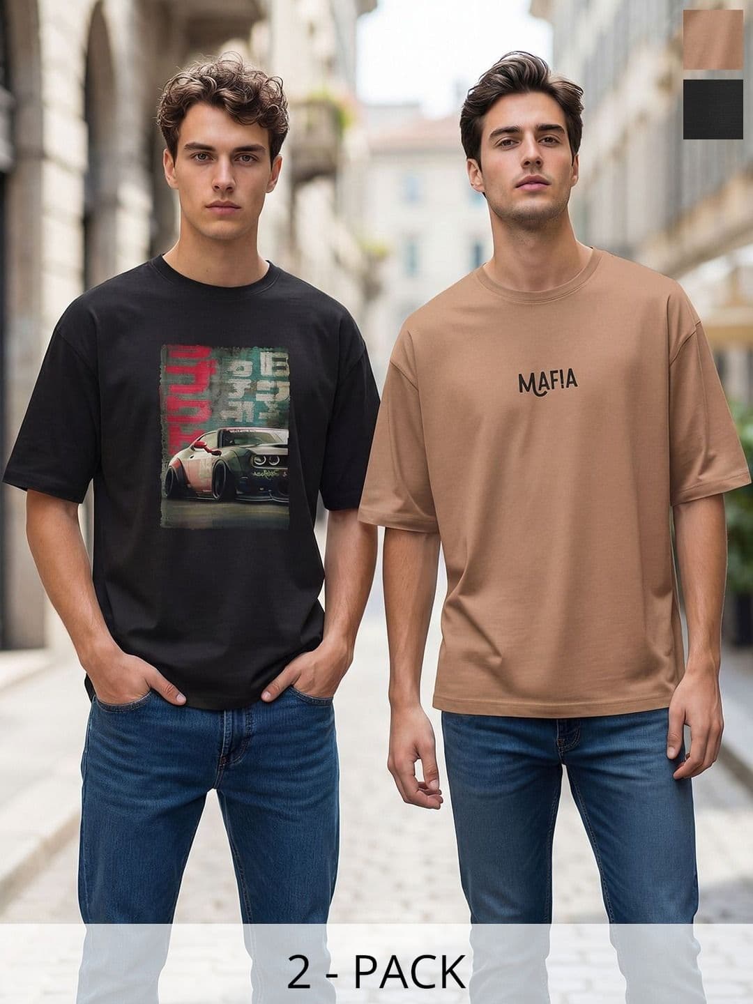 BULLMER Pack Of 2 Printed Drop-Shoulder Sleeves Oversized T-shirts - view 1