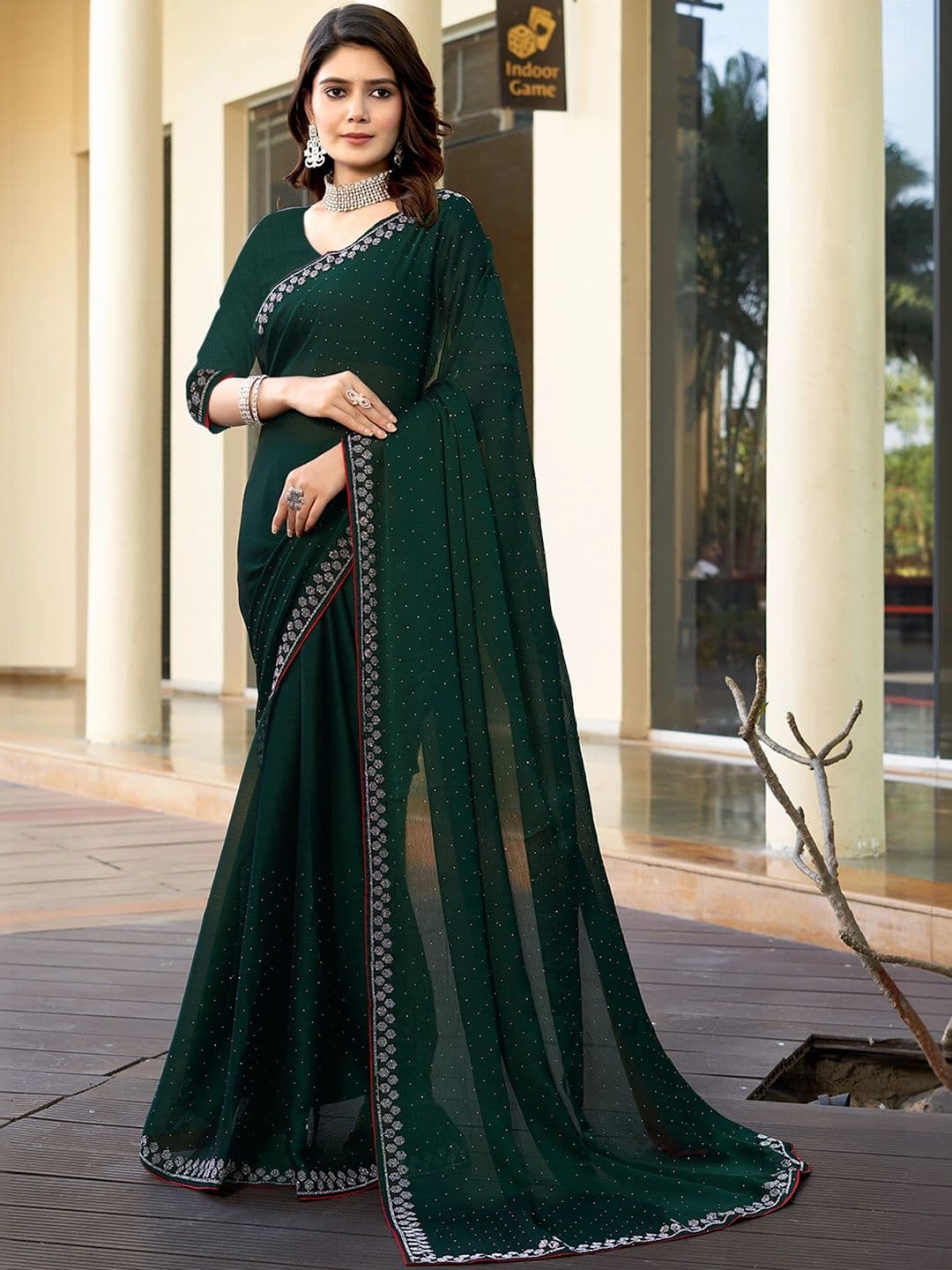 Sangria Embellished Saree with Unstitched Blouse - view 1