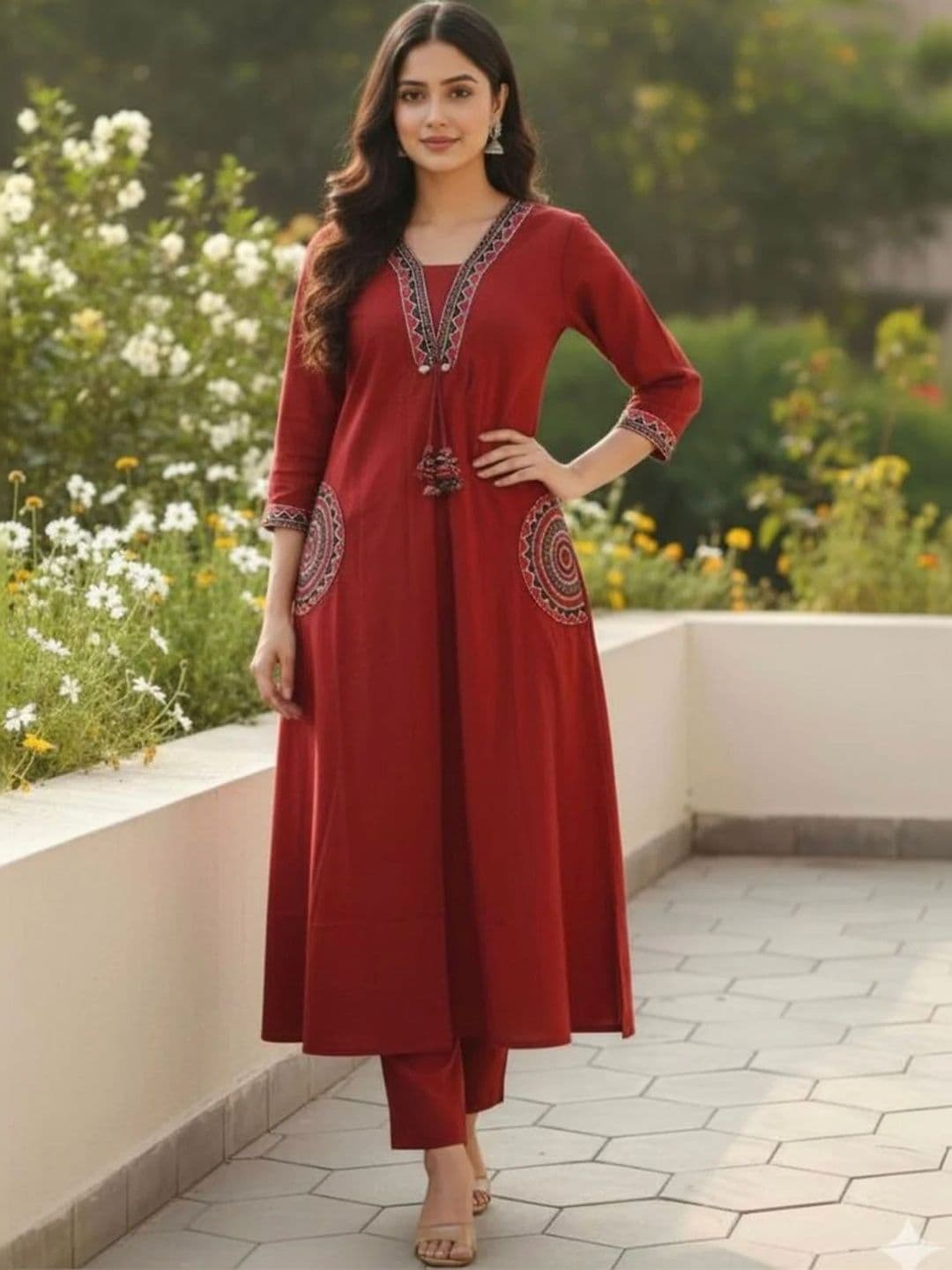ROOTSOUL Women Ethnic Motifs Embroidered Tiered Thread Work Kurta with Trousers - view 1