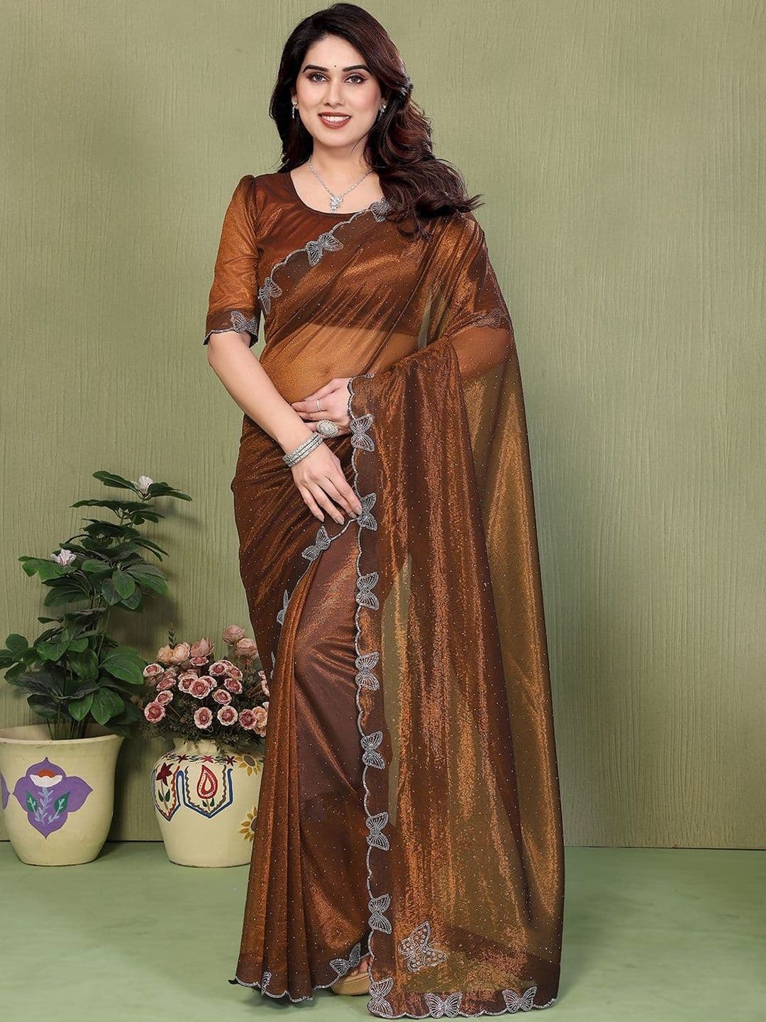 ANAND SAREES Floral Beads and Stones Net Fusion Saree - view 1