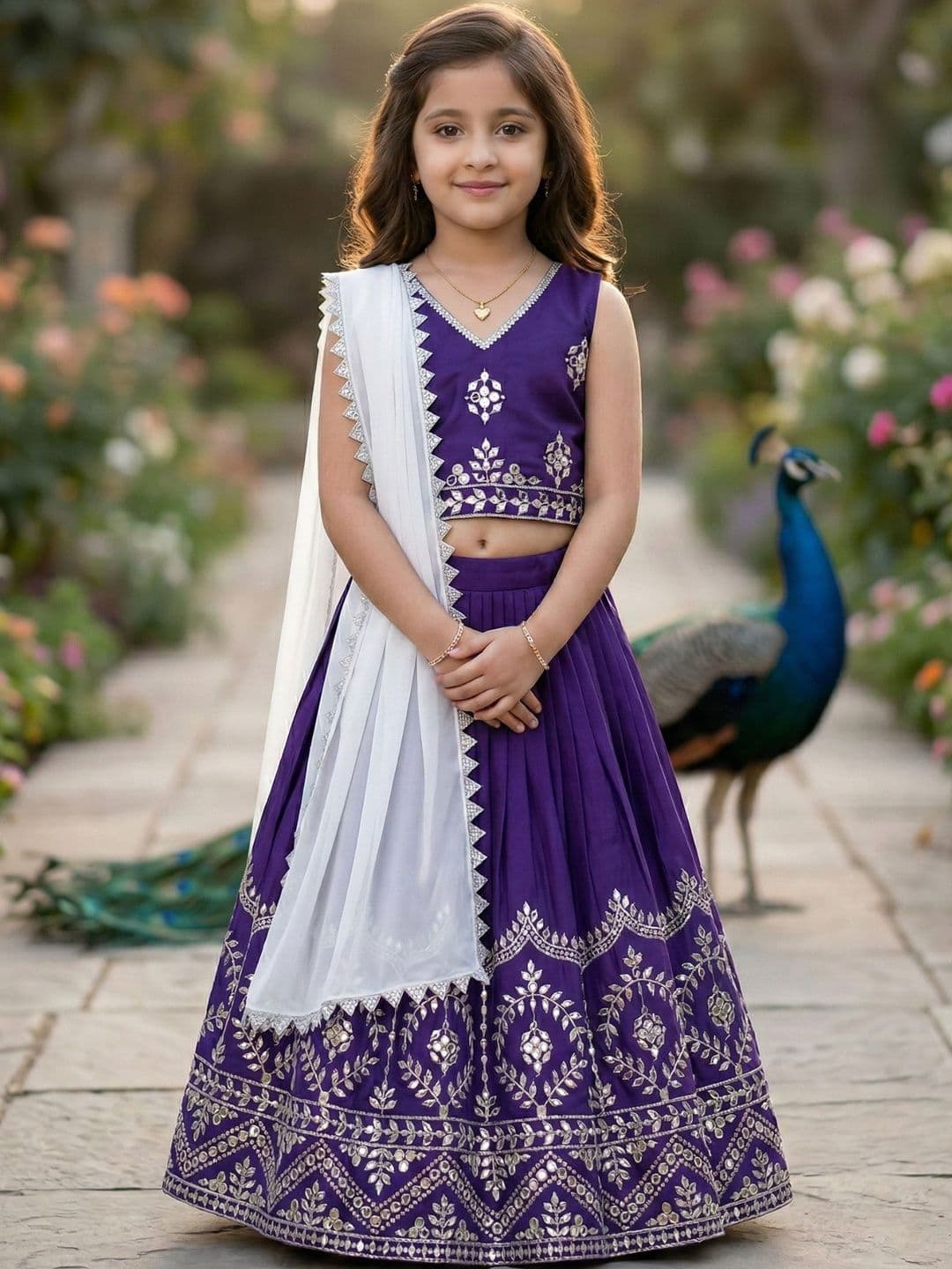 KALINI Girls Embellished Mirror Work Ready to Wear Lehenga & Blouse With Dupatta - view 1
