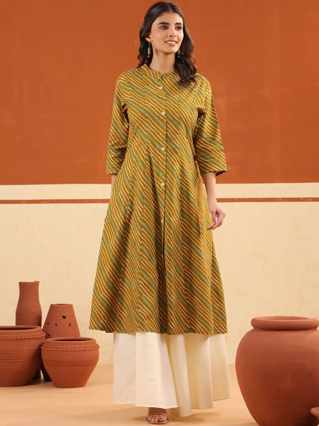 Sangria Printed Pure Cotton Mandarin Collar Calf Length A-Line Cotton Kurta - view 1