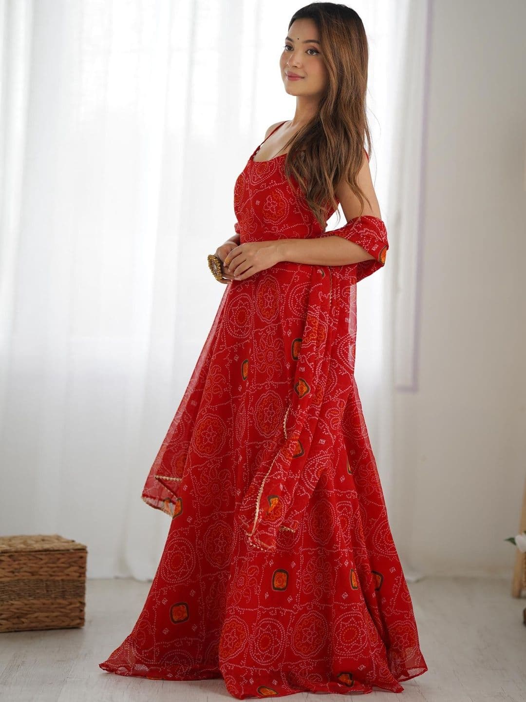 HERE&NOW Women Bandhani Printed Pleated Silk Chiffon Kurta with Trousers & With Dupatta - view 1