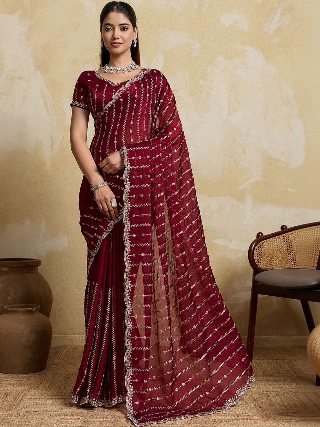HERE&NOW Womens Brown Embroidered Organza Blouse Piece & Sarees - view 1