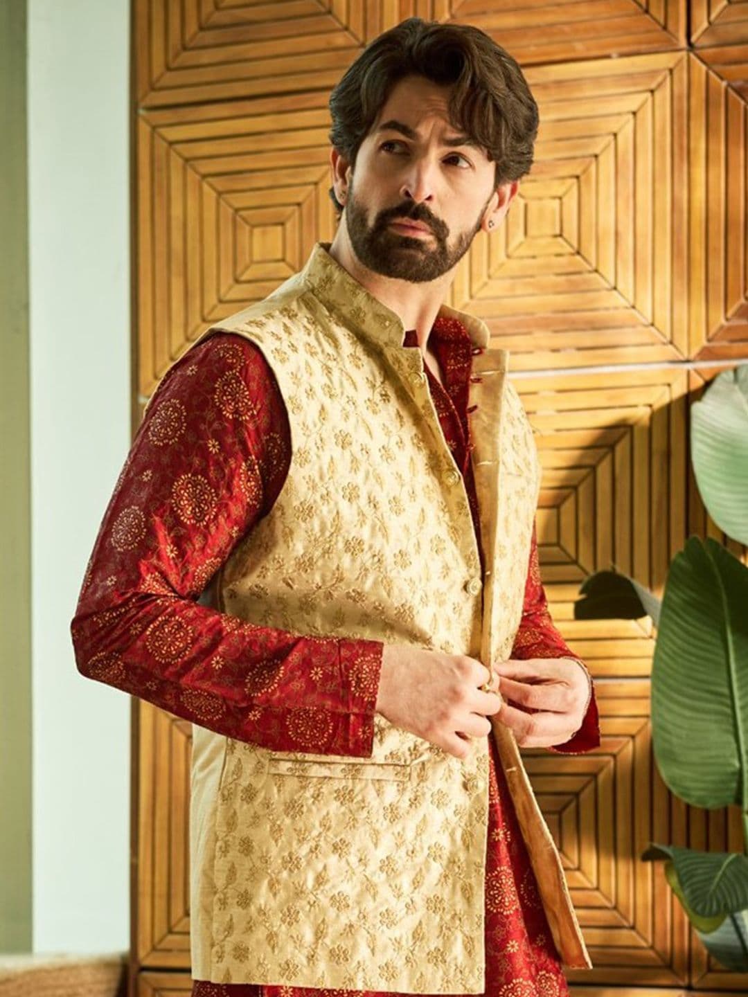 SOJANYA Men Beige & Gold-Coloured Woven Design Nehru Jackets - view 1