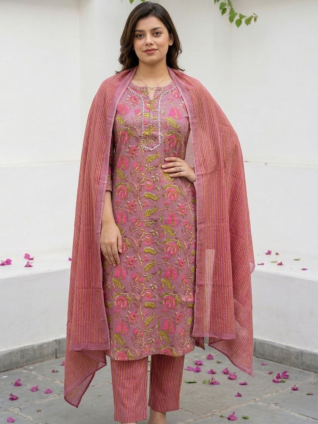 KALINI Women Floral Printed Regular Pure Cotton Kurta with Trousers & With Dupatta - view 1