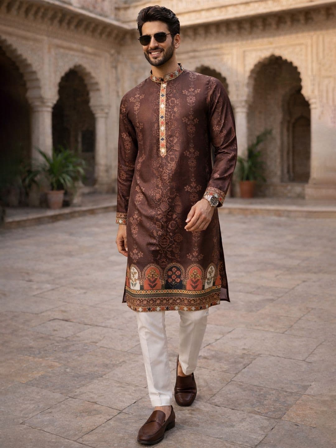 House of Pataudi Printed Mandarin Collar Knee Length Straight Kurta - view 1