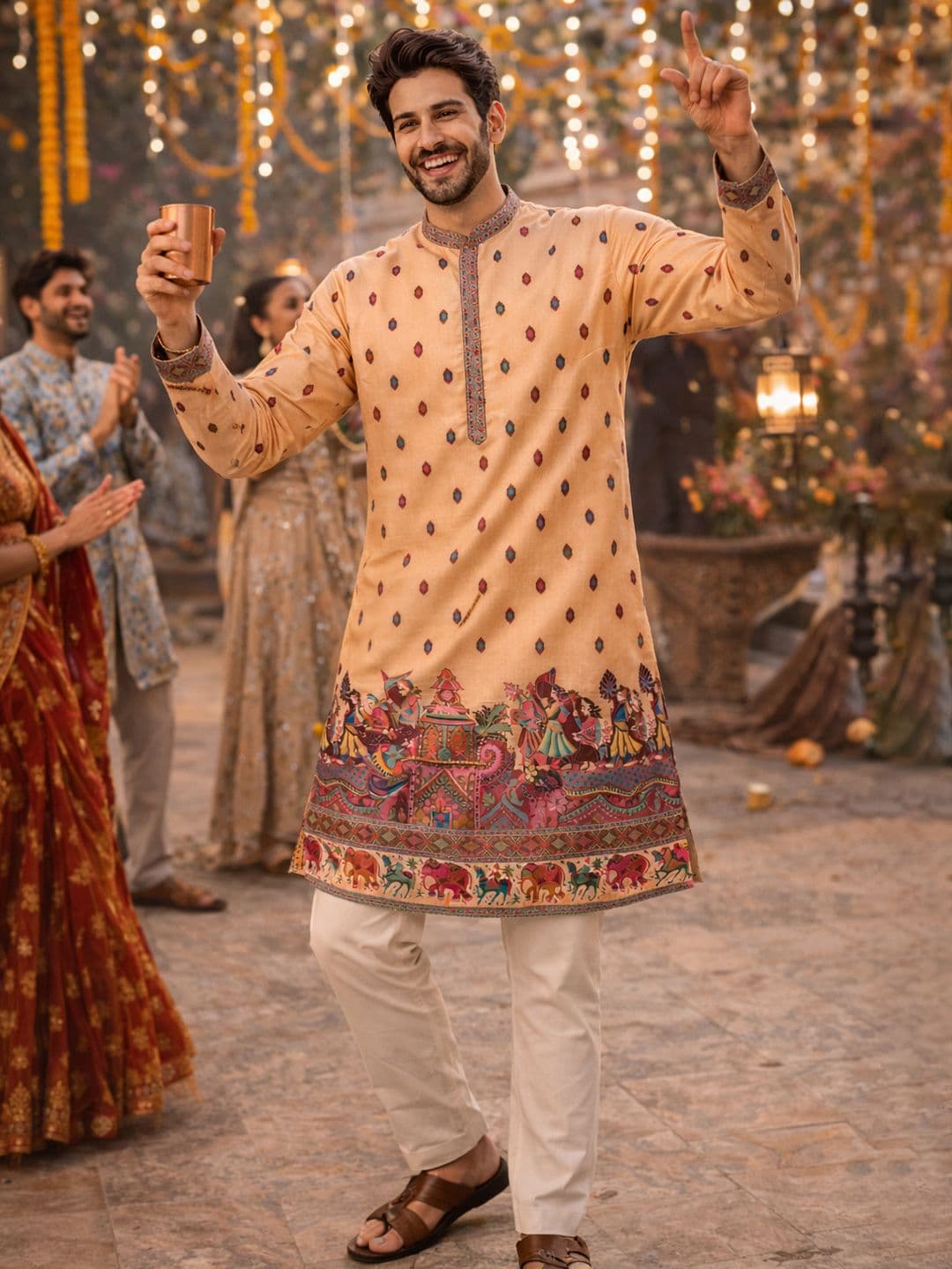 House of Pataudi Printed Mandarin Collar Knee Length Straight Kurta - view 1