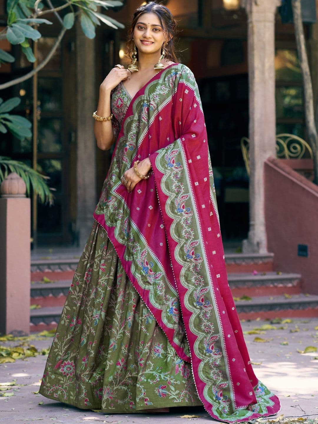 LOOKNBOOK ART Printed Foil Print Ready to Wear Lehenga & Unstitched Blouse With Dupatta - view 1