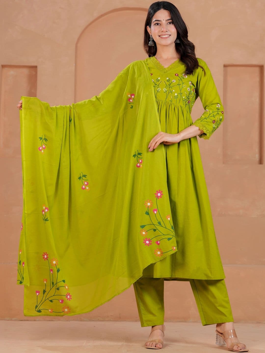 Fabcurio Women Embroidered Panelled Pure Cotton Kurta with Trousers & With Dupatta - view 1