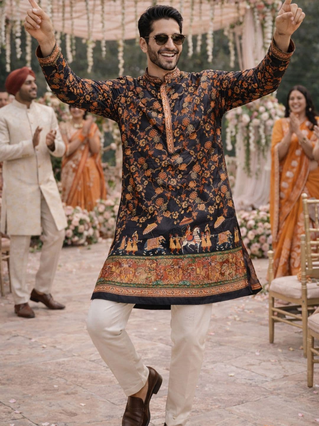 House of Pataudi Printed Mandarin Collar Knee Length Straight Kurta