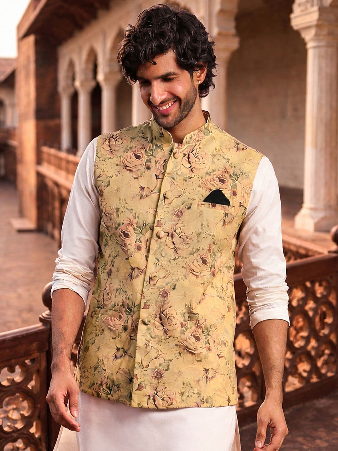 VASTRAMAY Printed Mandarian Collar Neck Woven Nehru Jacket - view 1